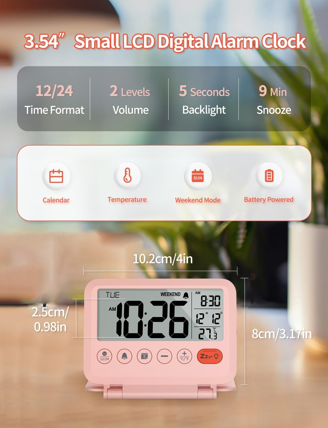 Digital Travel Alarm Clock - 3.54 inch LCD Display, 9-Minute Snooze, 2 Volume Levels, Backlight, Battery Included (Pink)
