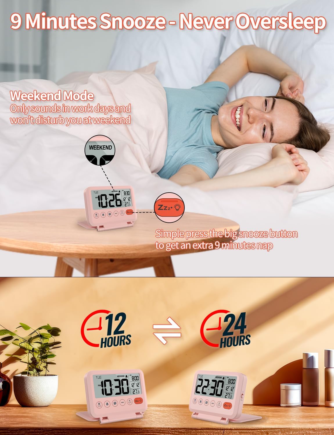 Digital Travel Alarm Clock - 3.54 inch LCD Display, 9-Minute Snooze, 2 Volume Levels, Backlight, Battery Included (Pink)