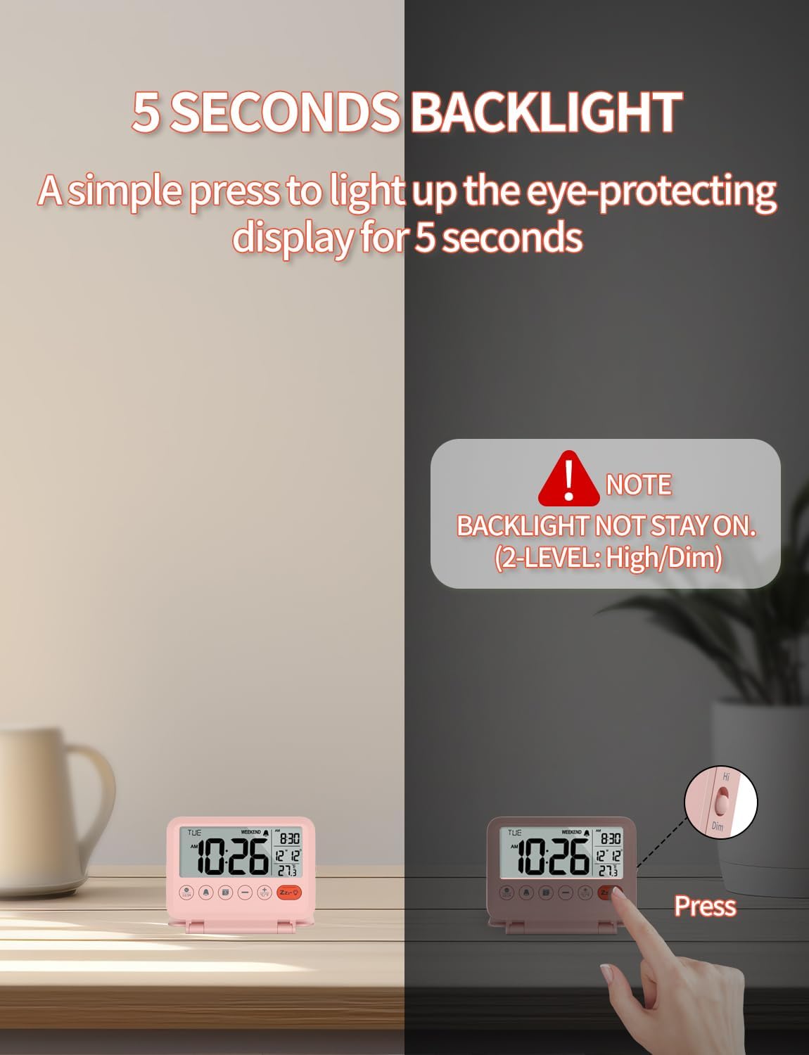 Digital Travel Alarm Clock - 3.54 inch LCD Display, 9-Minute Snooze, 2 Volume Levels, Backlight, Battery Included (Pink)