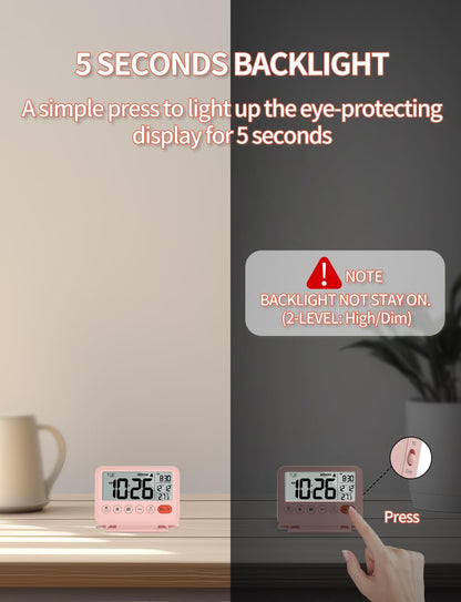 Digital Travel Alarm Clock - 3.54 inch LCD Display, 9-Minute Snooze, 2 Volume Levels, Backlight, Battery Included (Pink)