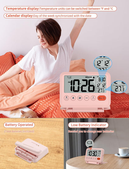 Digital Travel Alarm Clock - 3.54 inch LCD Display, 9-Minute Snooze, 2 Volume Levels, Backlight, Battery Included (Pink)