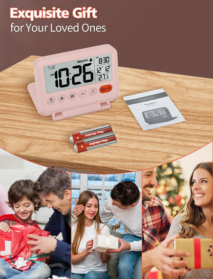 Digital Travel Alarm Clock - 3.54 inch LCD Display, 9-Minute Snooze, 2 Volume Levels, Backlight, Battery Included (Pink)