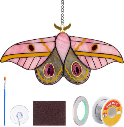 1 Set Pink Luna Moth Pre Cut Stained Glass Kit for Adult Beginner Made Easy Stained Glass Craft with Solder Wire, Flux Brush for Christmas Birthday Party Favor