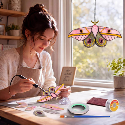 1 Set Pink Luna Moth Pre Cut Stained Glass Kit for Adult Beginner Made Easy Stained Glass Craft with Solder Wire, Flux Brush for Christmas Birthday Party Favor