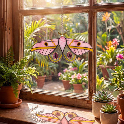 1 Set Pink Luna Moth Pre Cut Stained Glass Kit for Adult Beginner Made Easy Stained Glass Craft with Solder Wire, Flux Brush for Christmas Birthday Party Favor