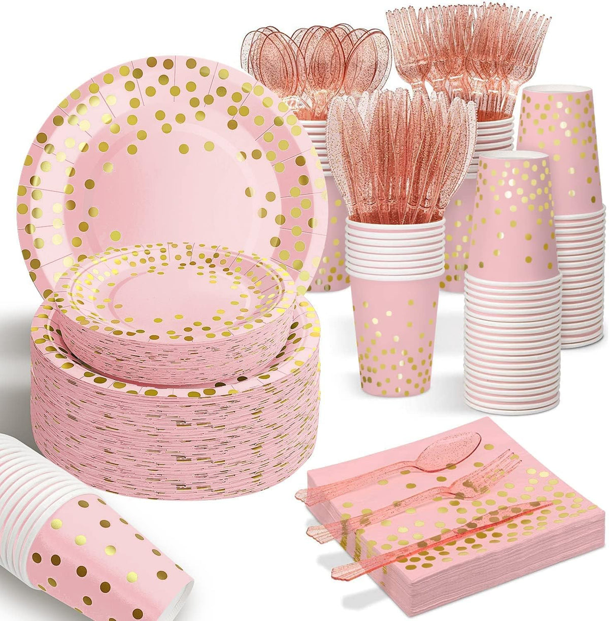 350PCS Pink and Gold Party Supplies, Severs 50 Disposable Partyware, Gold Plastic Cutlery, Napkins, Plates for Baby Shower, Birthday, Wedding