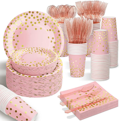 350PCS Pink and Gold Party Supplies, Severs 50 Disposable Partyware, Gold Plastic Cutlery, Napkins, Plates for Baby Shower, Birthday, Wedding