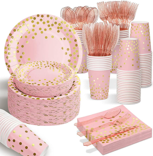 350PCS Pink and Gold Party Supplies, Severs 50 Disposable Partyware, Gold Plastic Cutlery, Napkins, Plates for Baby Shower, Birthday, Wedding