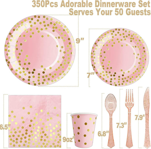 350PCS Pink and Gold Party Supplies, Severs 50 Disposable Partyware, Gold Plastic Cutlery, Napkins, Plates for Baby Shower, Birthday, Wedding