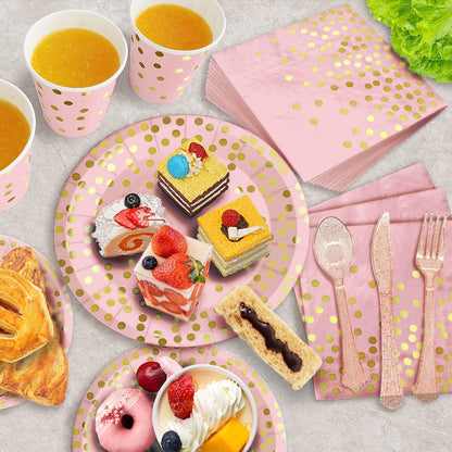 350PCS Pink and Gold Party Supplies, Severs 50 Disposable Partyware, Gold Plastic Cutlery, Napkins, Plates for Baby Shower, Birthday, Wedding