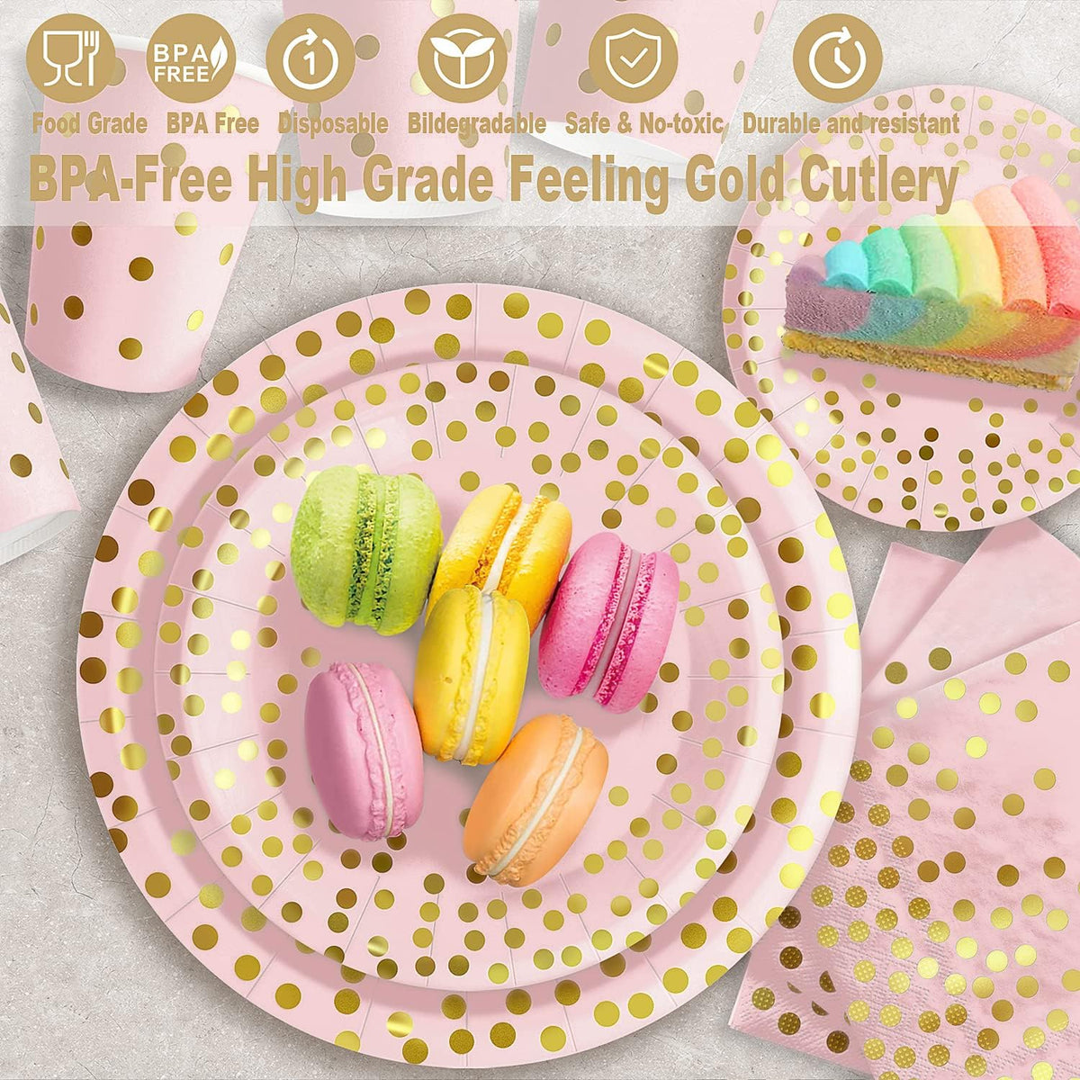 350PCS Pink and Gold Party Supplies, Severs 50 Disposable Partyware, Gold Plastic Cutlery, Napkins, Plates for Baby Shower, Birthday, Wedding