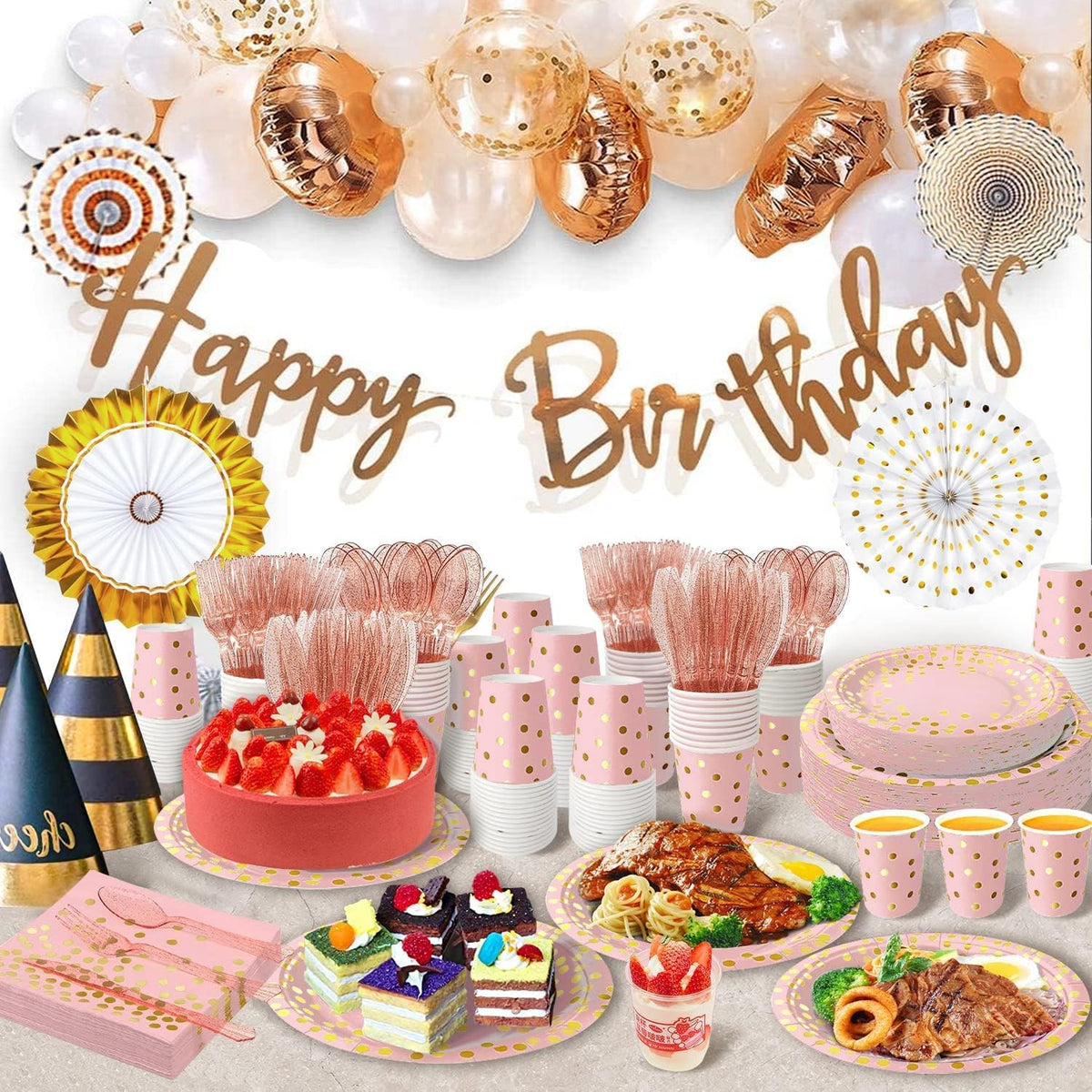 350PCS Pink and Gold Party Supplies, Severs 50 Disposable Partyware, Gold Plastic Cutlery, Napkins, Plates for Baby Shower, Birthday, Wedding