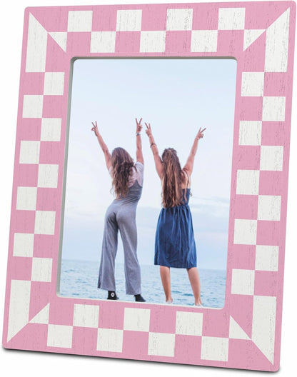 Pink Checkerboard Wooden Frame for 4x6 Photos - Trendy Geometric Photo Frame - Girly Tabletop Decor, Aesthetic Pink Birthday Gift for Her - Classic Photo Frame, Gift And Decorations (C14)