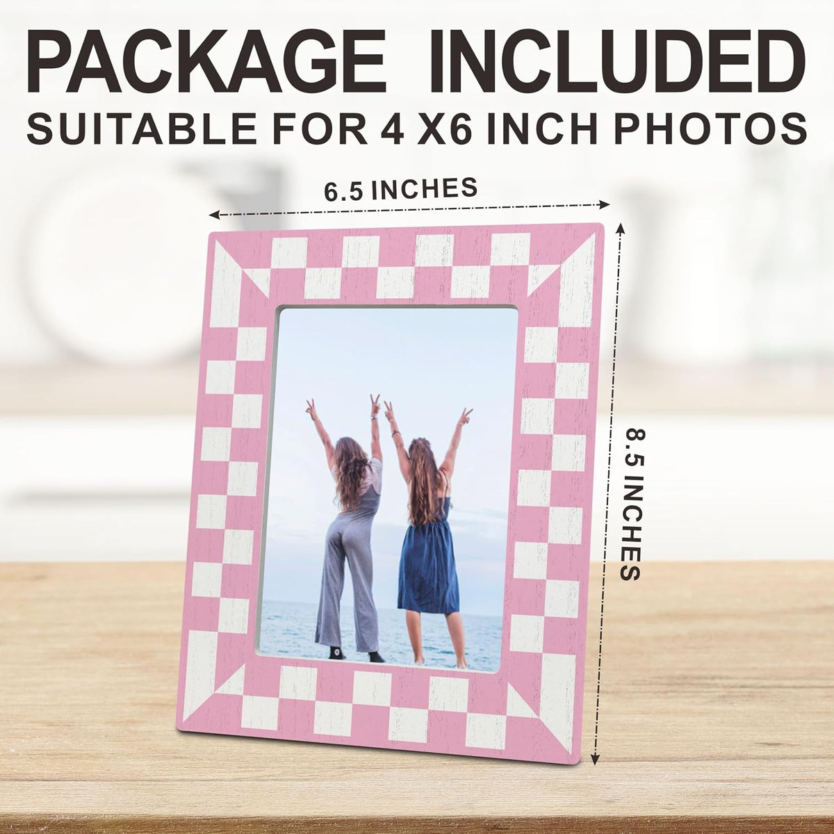 Pink Checkerboard Wooden Frame for 4x6 Photos - Trendy Geometric Photo Frame - Girly Tabletop Decor, Aesthetic Pink Birthday Gift for Her - Classic Photo Frame, Gift And Decorations (C14)