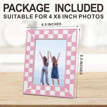 Pink Checkerboard Wooden Frame for 4x6 Photos - Trendy Geometric Photo Frame - Girly Tabletop Decor, Aesthetic Pink Birthday Gift for Her - Classic Photo Frame, Gift And Decorations (C14)