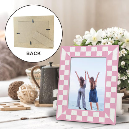 Pink Checkerboard Wooden Frame for 4x6 Photos - Trendy Geometric Photo Frame - Girly Tabletop Decor, Aesthetic Pink Birthday Gift for Her - Classic Photo Frame, Gift And Decorations (C14)