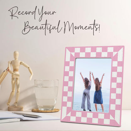 Pink Checkerboard Wooden Frame for 4x6 Photos - Trendy Geometric Photo Frame - Girly Tabletop Decor, Aesthetic Pink Birthday Gift for Her - Classic Photo Frame, Gift And Decorations (C14)