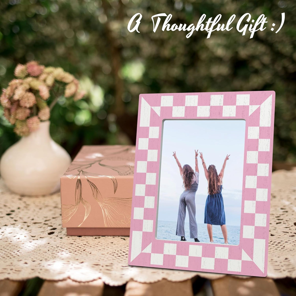 Pink Checkerboard Wooden Frame for 4x6 Photos - Trendy Geometric Photo Frame - Girly Tabletop Decor, Aesthetic Pink Birthday Gift for Her - Classic Photo Frame, Gift And Decorations (C14)