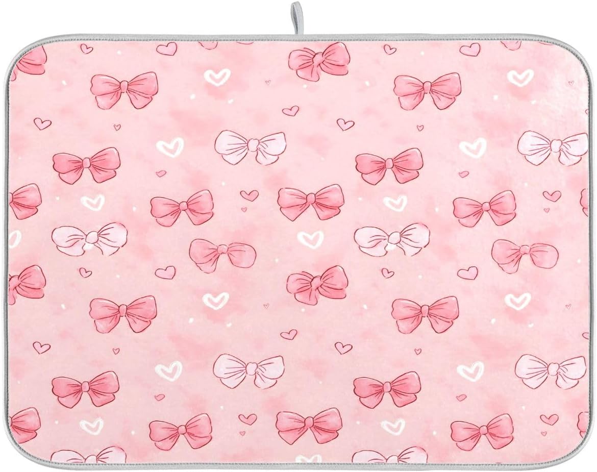 Pink White Bow Heart Pattern Dish Drying Mat 16x18 Absorbent Dishes Pad Dish Drainer Mat Protector for Kitchen Fast Dry