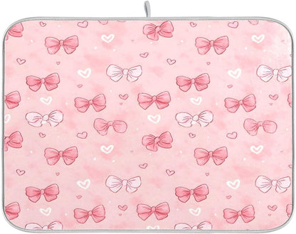 Pink White Bow Heart Pattern Dish Drying Mat 16x18 Absorbent Dishes Pad Dish Drainer Mat Protector for Kitchen Fast Dry
