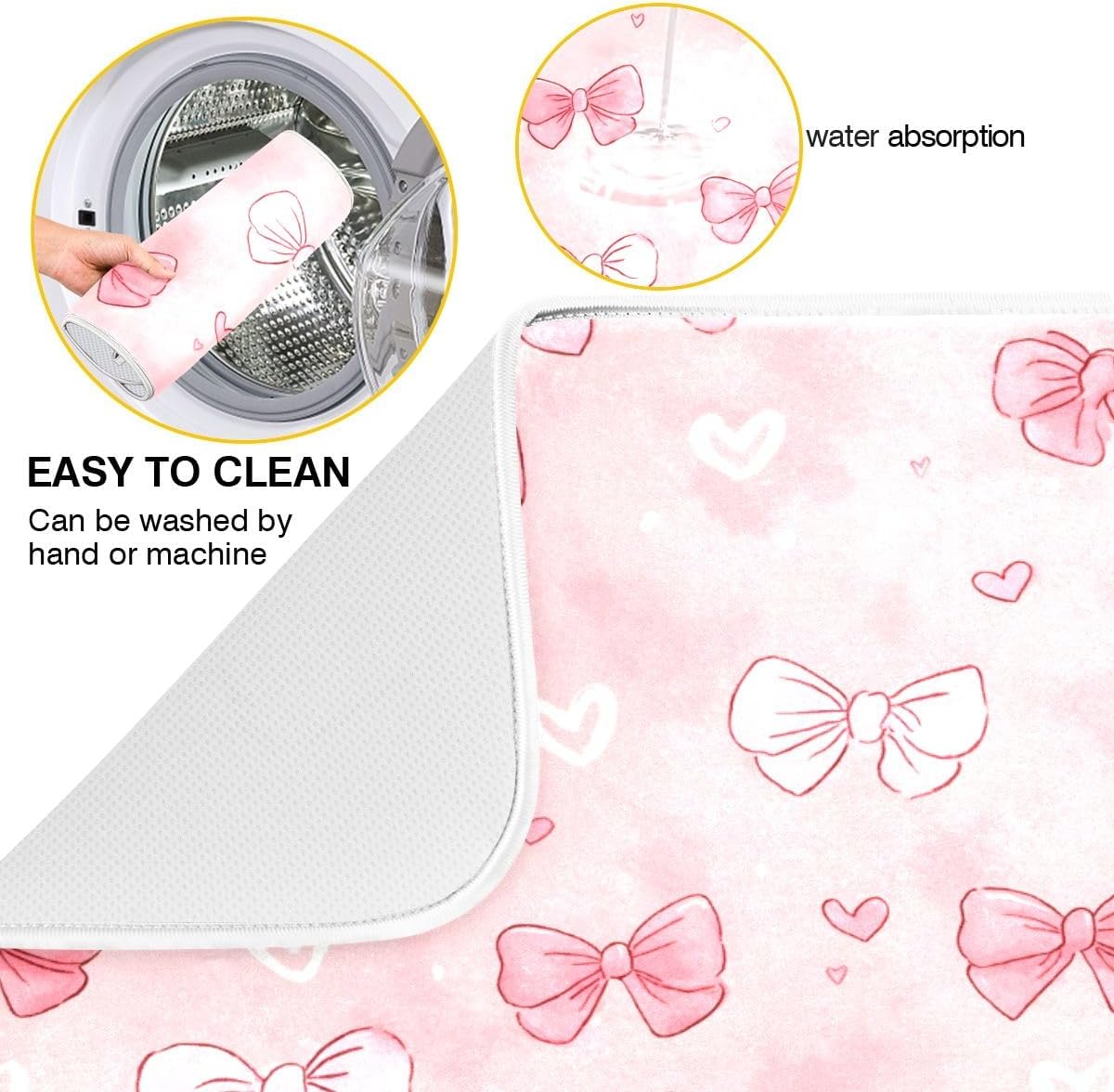 Pink White Bow Heart Pattern Dish Drying Mat 16x18 Absorbent Dishes Pad Dish Drainer Mat Protector for Kitchen Fast Dry