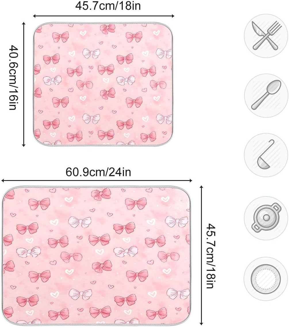 Pink White Bow Heart Pattern Dish Drying Mat 16x18 Absorbent Dishes Pad Dish Drainer Mat Protector for Kitchen Fast Dry