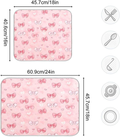 Pink White Bow Heart Pattern Dish Drying Mat 16x18 Absorbent Dishes Pad Dish Drainer Mat Protector for Kitchen Fast Dry