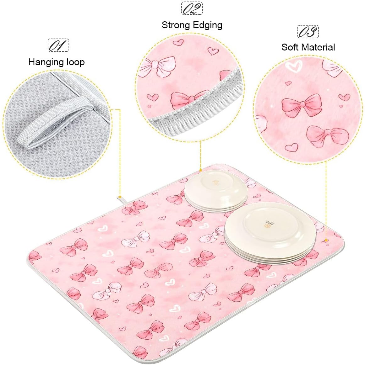 Pink White Bow Heart Pattern Dish Drying Mat 16x18 Absorbent Dishes Pad Dish Drainer Mat Protector for Kitchen Fast Dry