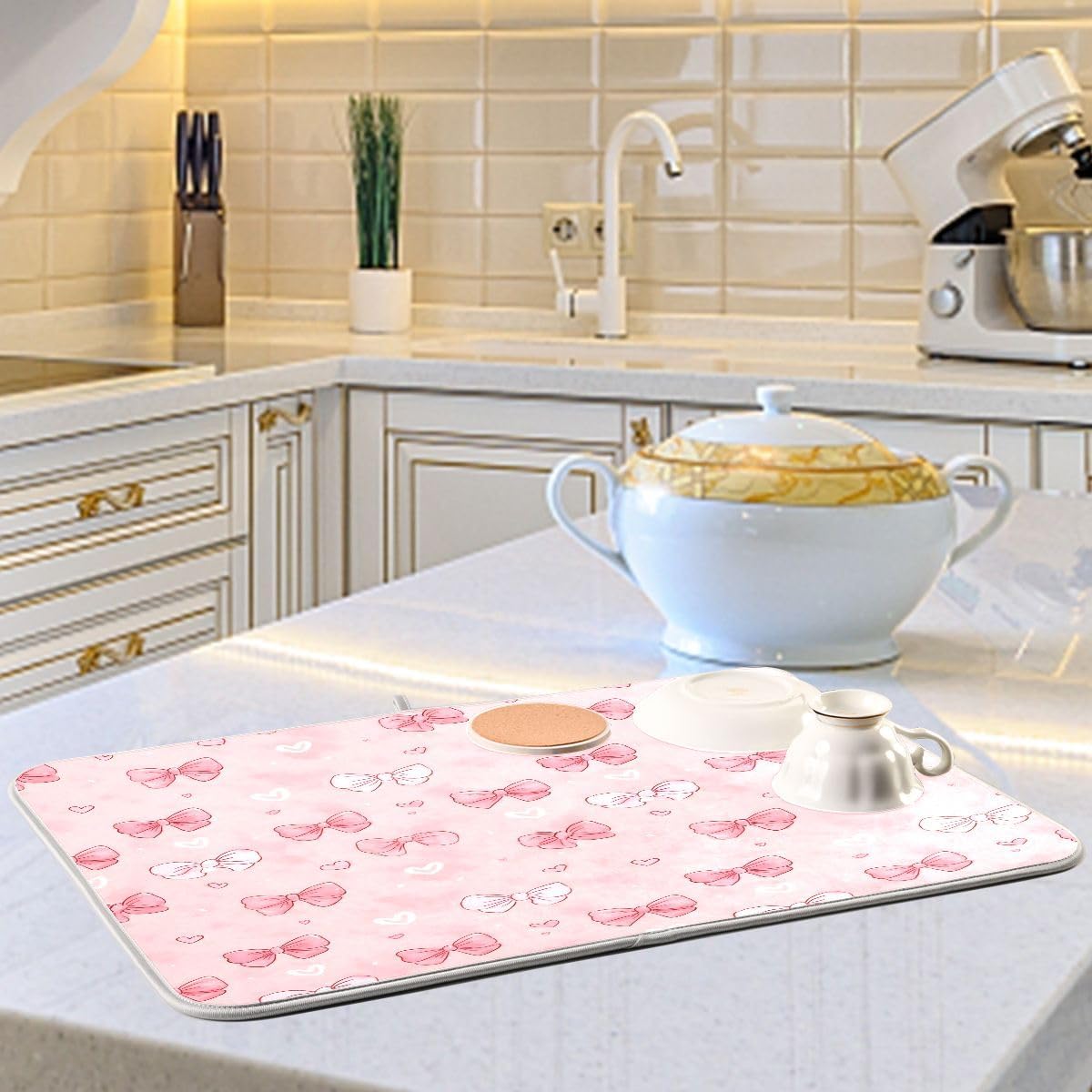 Pink White Bow Heart Pattern Dish Drying Mat 16x18 Absorbent Dishes Pad Dish Drainer Mat Protector for Kitchen Fast Dry