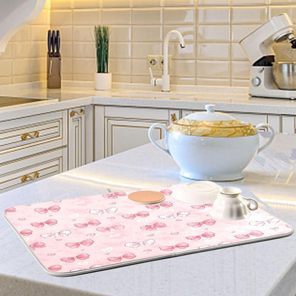 Pink White Bow Heart Pattern Dish Drying Mat 16x18 Absorbent Dishes Pad Dish Drainer Mat Protector for Kitchen Fast Dry
