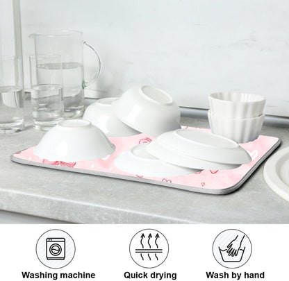 Pink White Bow Heart Pattern Dish Drying Mat 16x18 Absorbent Dishes Pad Dish Drainer Mat Protector for Kitchen Fast Dry