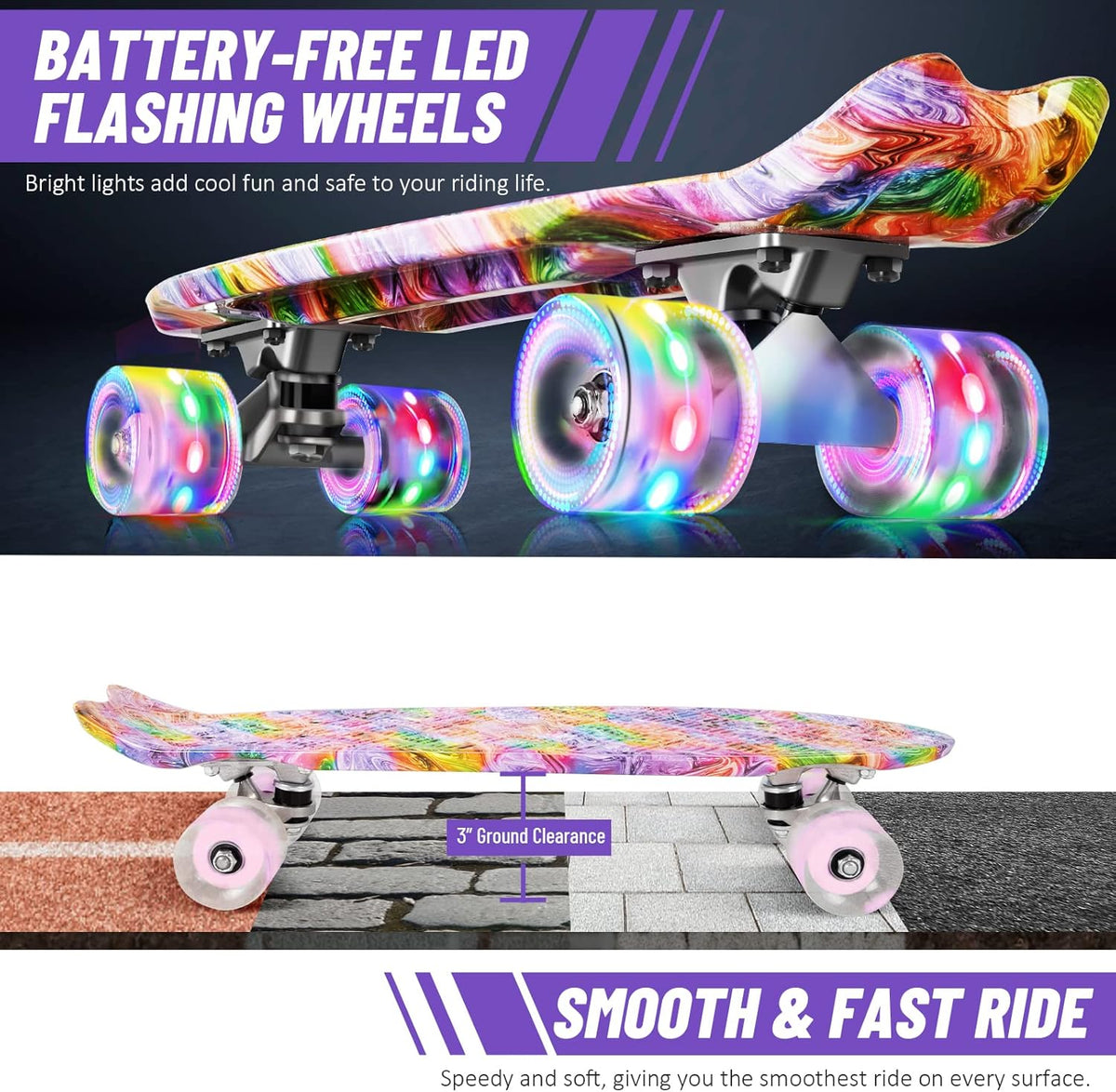 22 inch Skateboards for Kids, Cruiser Skateboard for Beginners Girls Boys Teens Adults, Mini Skateboards Classic Complete Skate Board with Skate T-Tool, Max Load 220 LBS