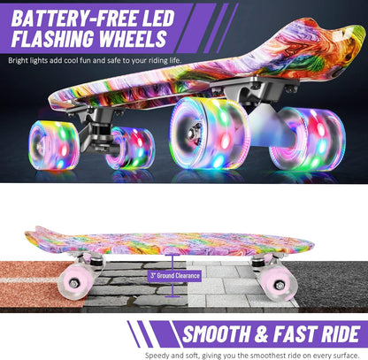 22 inch Skateboards for Kids, Cruiser Skateboard for Beginners Girls Boys Teens Adults, Mini Skateboards Classic Complete Skate Board with Skate T-Tool, Max Load 220 LBS