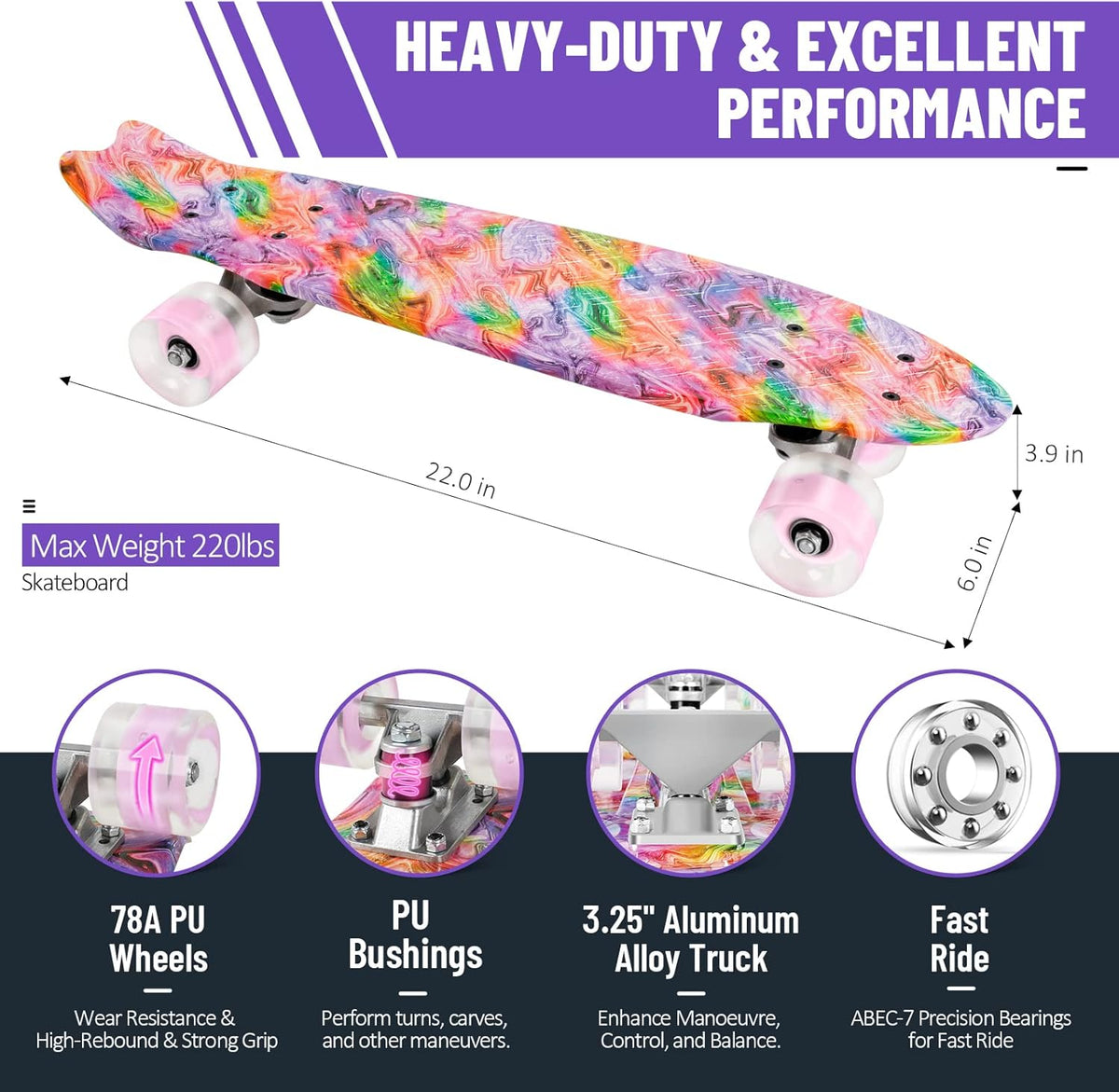 22 inch Skateboards for Kids, Cruiser Skateboard for Beginners Girls Boys Teens Adults, Mini Skateboards Classic Complete Skate Board with Skate T-Tool, Max Load 220 LBS
