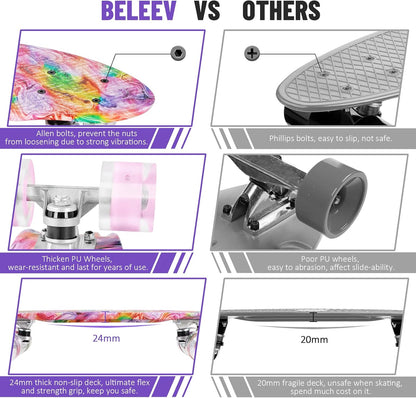 22 inch Skateboards for Kids, Cruiser Skateboard for Beginners Girls Boys Teens Adults, Mini Skateboards Classic Complete Skate Board with Skate T-Tool, Max Load 220 LBS