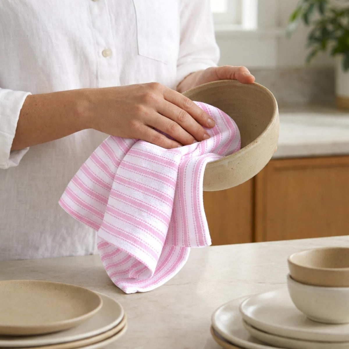 Stripe Kitchen Towels Cotton 18x28 in Set of 6 - Pink