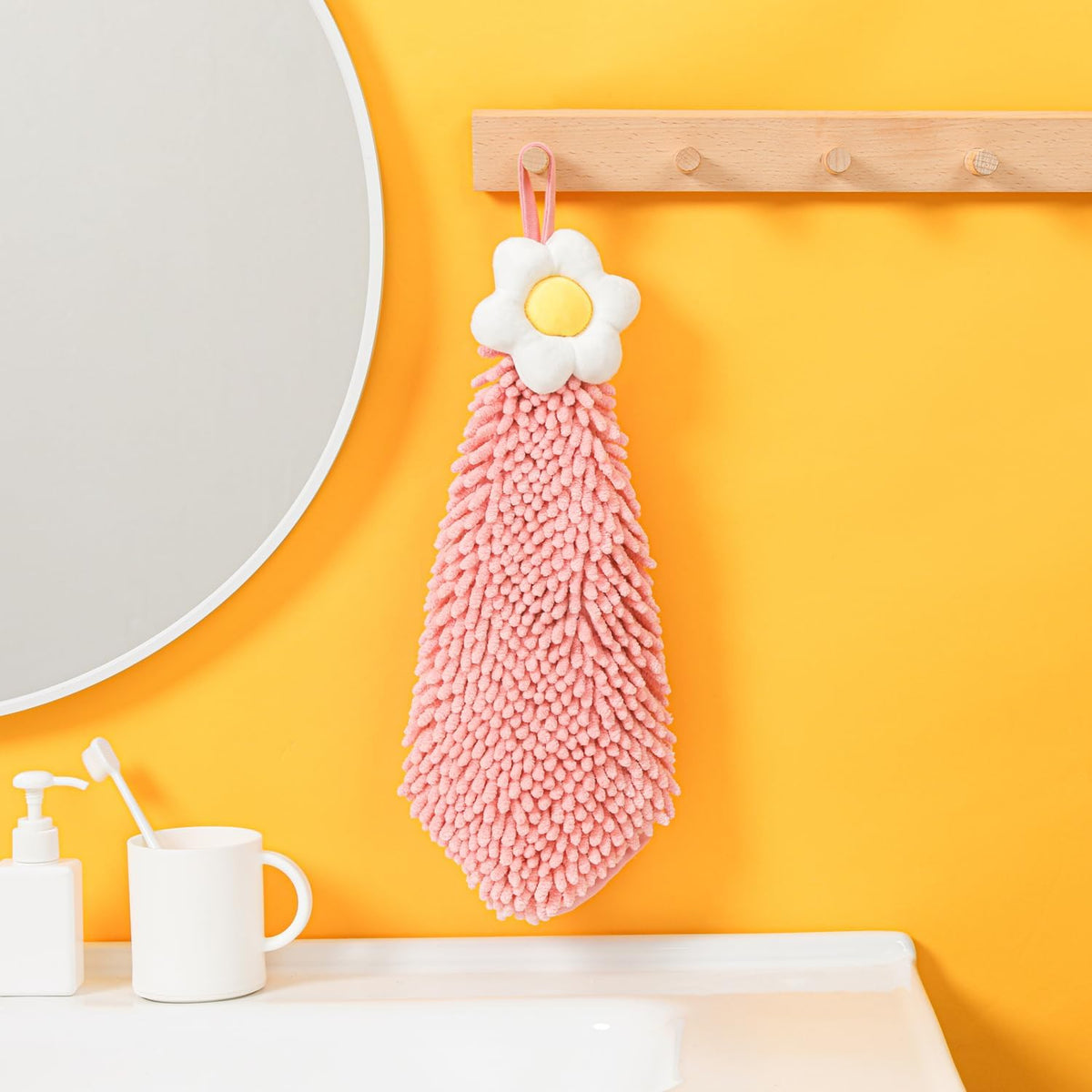 Chenille Cute Flower Hand Towels, Super Soft Water Absorbent Decorative Hand Towels with Hanging Loop Machine Washable Kitchen Towels, Pink
