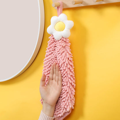 Chenille Cute Flower Hand Towels, Super Soft Water Absorbent Decorative Hand Towels with Hanging Loop Machine Washable Kitchen Towels, Pink