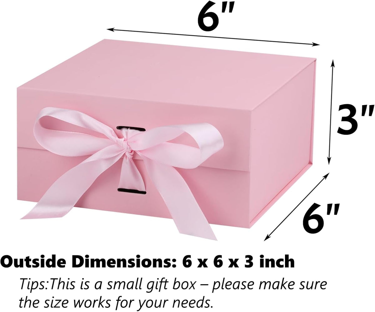 Pink Gift Box,6x6x3 Inches Gift Boxes with Lids for Presents with Magnetic Closure and Ribbon for Wedding,Storage,Birthday