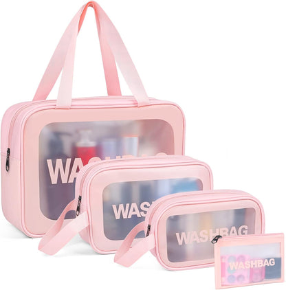 Upgrade Travel Toiletry Bags for Women, Pack-4 Different Size Make Up Bags with Handle, Large Capacity Translucent Waterproof Travel Cosmetic Bags (Comestic Bag-Pink)