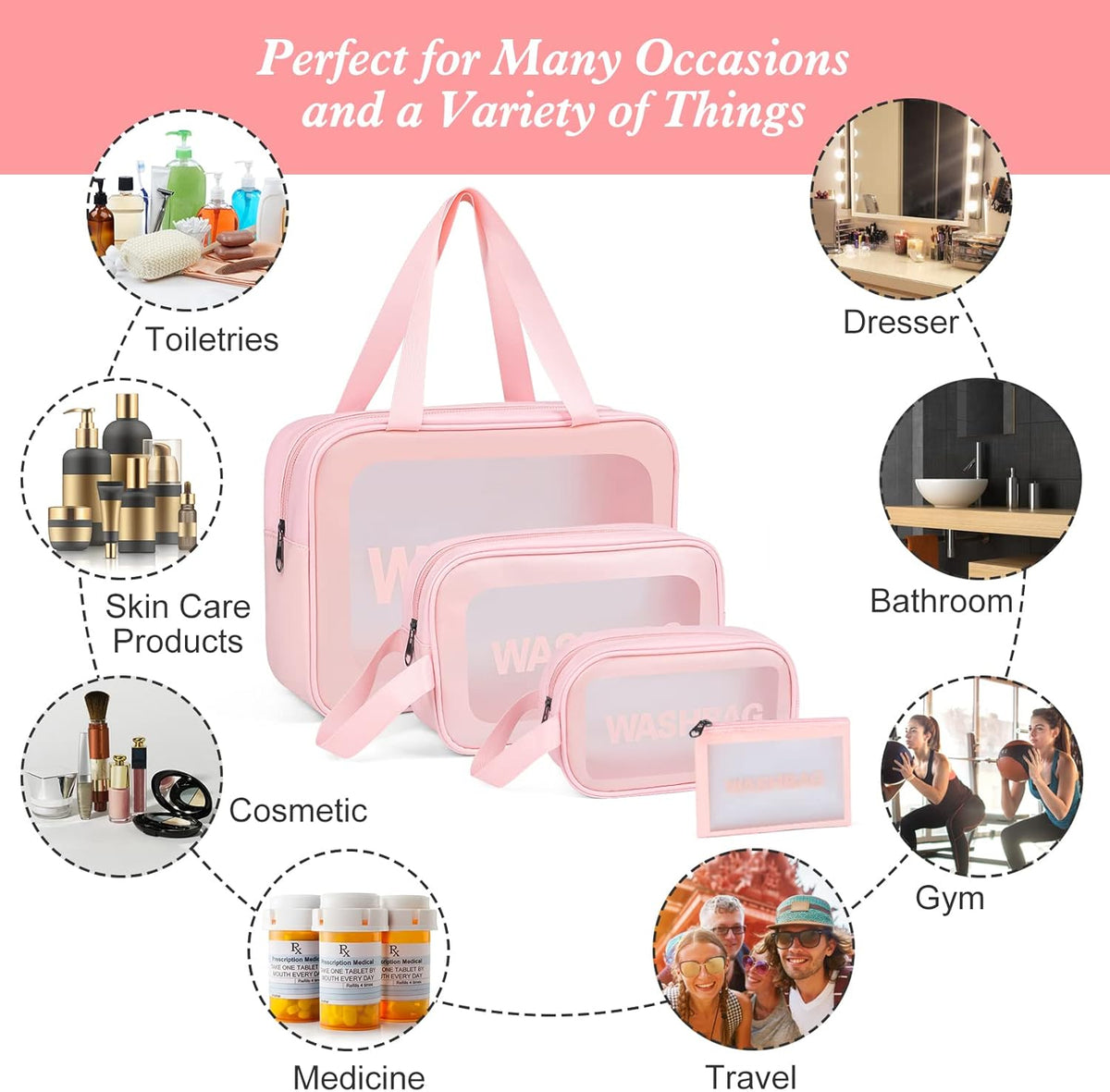 Upgrade Travel Toiletry Bags for Women, Pack-4 Different Size Make Up Bags with Handle, Large Capacity Translucent Waterproof Travel Cosmetic Bags (Comestic Bag-Pink)