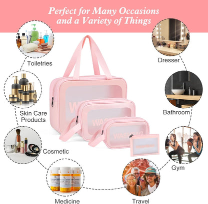 Upgrade Travel Toiletry Bags for Women, Pack-4 Different Size Make Up Bags with Handle, Large Capacity Translucent Waterproof Travel Cosmetic Bags (Comestic Bag-Pink)