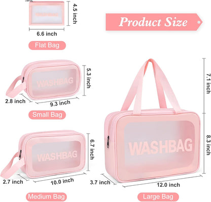 Upgrade Travel Toiletry Bags for Women, Pack-4 Different Size Make Up Bags with Handle, Large Capacity Translucent Waterproof Travel Cosmetic Bags (Comestic Bag-Pink)