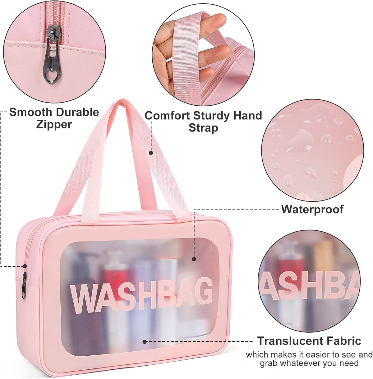 Upgrade Travel Toiletry Bags for Women, Pack-4 Different Size Make Up Bags with Handle, Large Capacity Translucent Waterproof Travel Cosmetic Bags (Comestic Bag-Pink)
