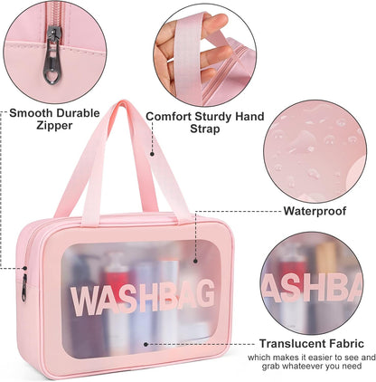 Upgrade Travel Toiletry Bags for Women, Pack-4 Different Size Make Up Bags with Handle, Large Capacity Translucent Waterproof Travel Cosmetic Bags (Comestic Bag-Pink)