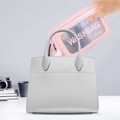 Upgrade Travel Toiletry Bags for Women, Pack-4 Different Size Make Up Bags with Handle, Large Capacity Translucent Waterproof Travel Cosmetic Bags (Comestic Bag-Pink)