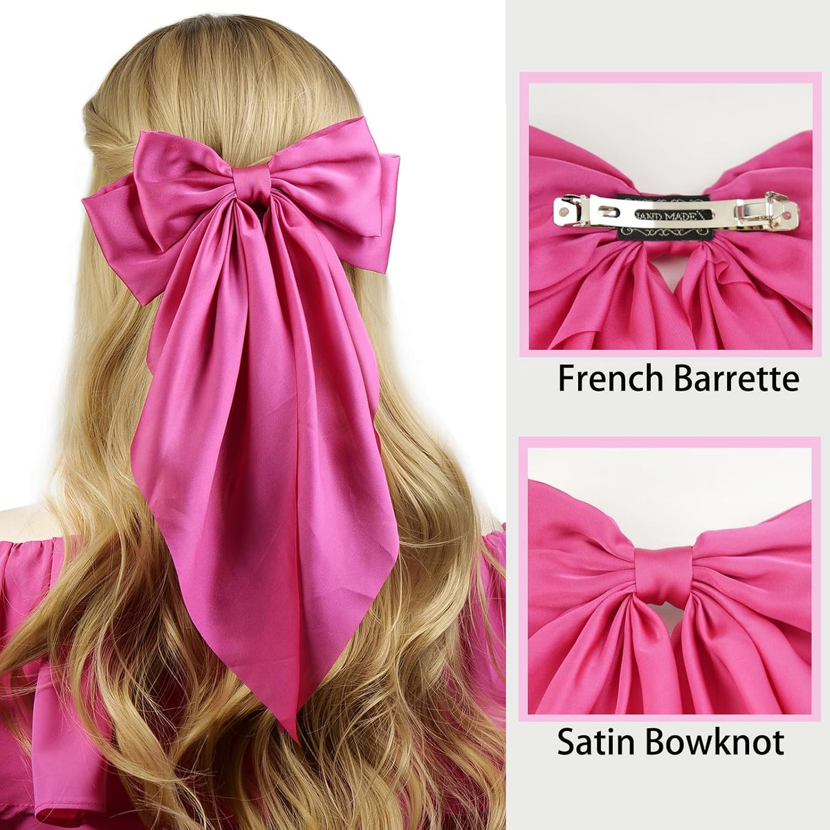 Hot Pink Hair Bows for Women - Satin Bow Hair Clips, Long Tail Ribbon Barrette for Girls, Elegant Hair Accessories for Birthday Wedding Party, 1-Pack