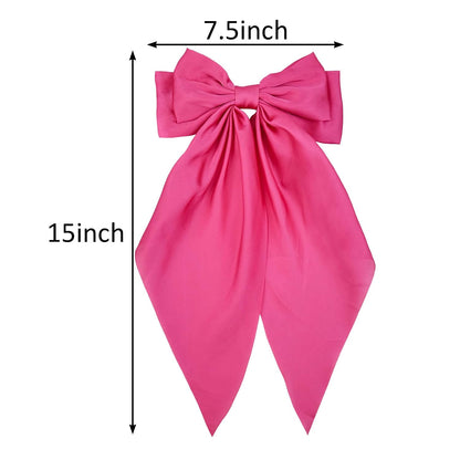 Hot Pink Hair Bows for Women - Satin Bow Hair Clips, Long Tail Ribbon Barrette for Girls, Elegant Hair Accessories for Birthday Wedding Party, 1-Pack