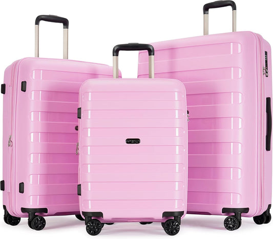 PP material 3-piece expandable luggage sets with Spinner Wheels， Suitcase with TSA Lock，Large Luggage for Family Travel carry on 20/24/28，Light pink color