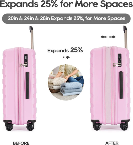 PP material 3-piece expandable luggage sets with Spinner Wheels， Suitcase with TSA Lock，Large Luggage for Family Travel carry on 20/24/28，Light pink color